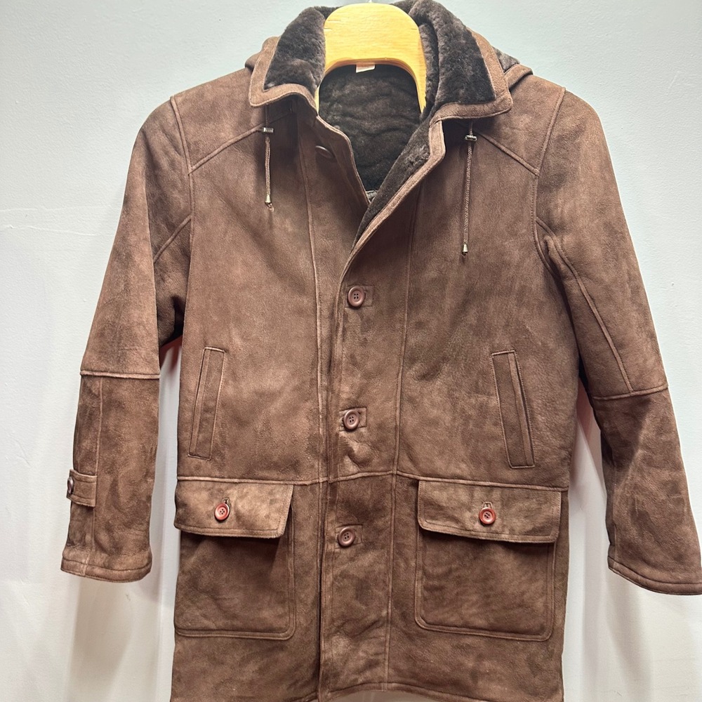 ASTON New York Genuine Shearling Hooded Coat 44 Brown Lambskin NWOT